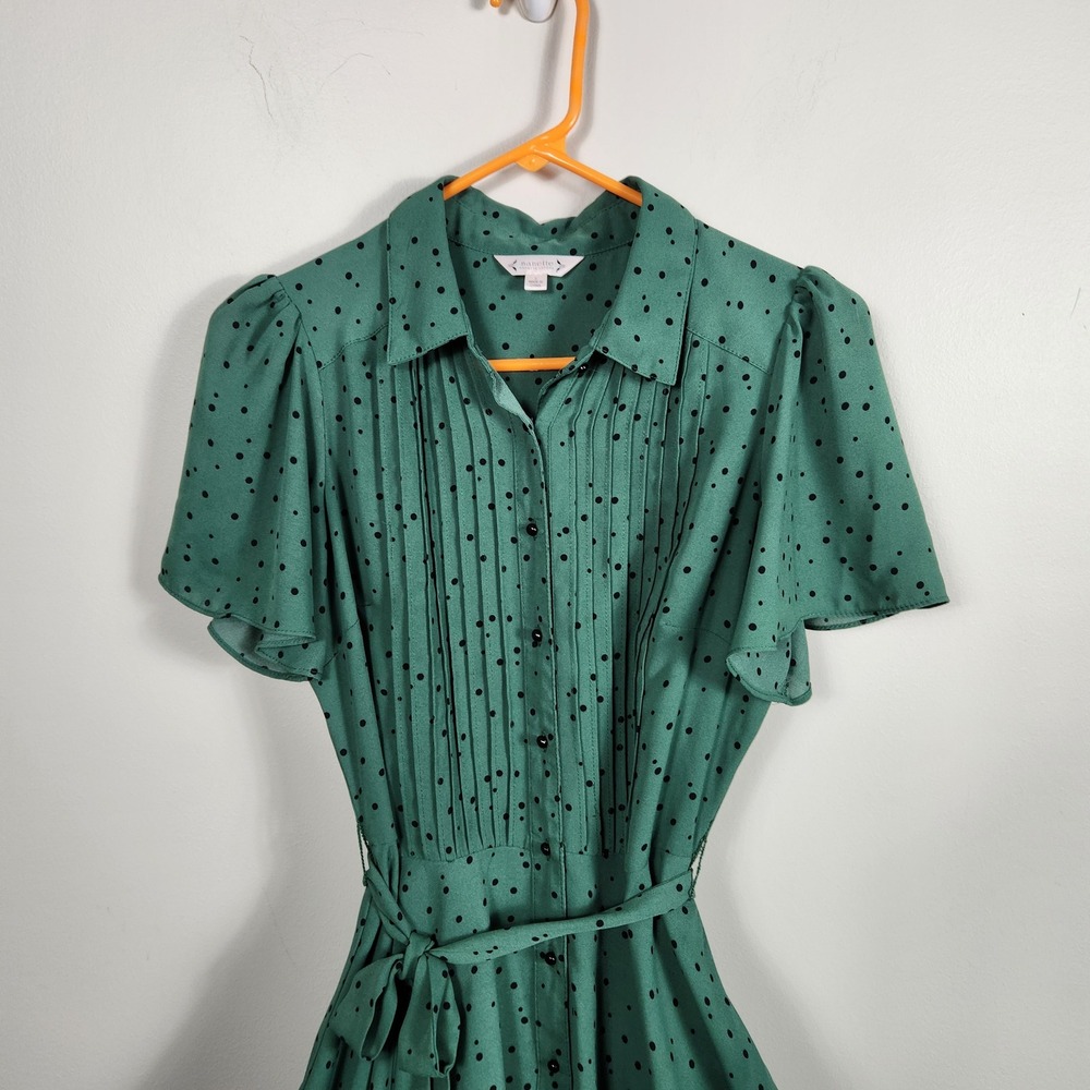 Nanette Lepore Green Polka Dot Pleated Button Front Midi Dress Womens Size 2 - Picture 3 of 9